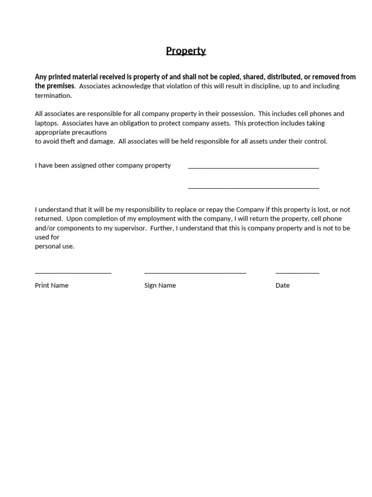 Company Property Responsibility Agreement | PDF