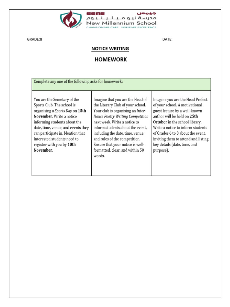 Grade 8 Notice Writing Homework | PDF