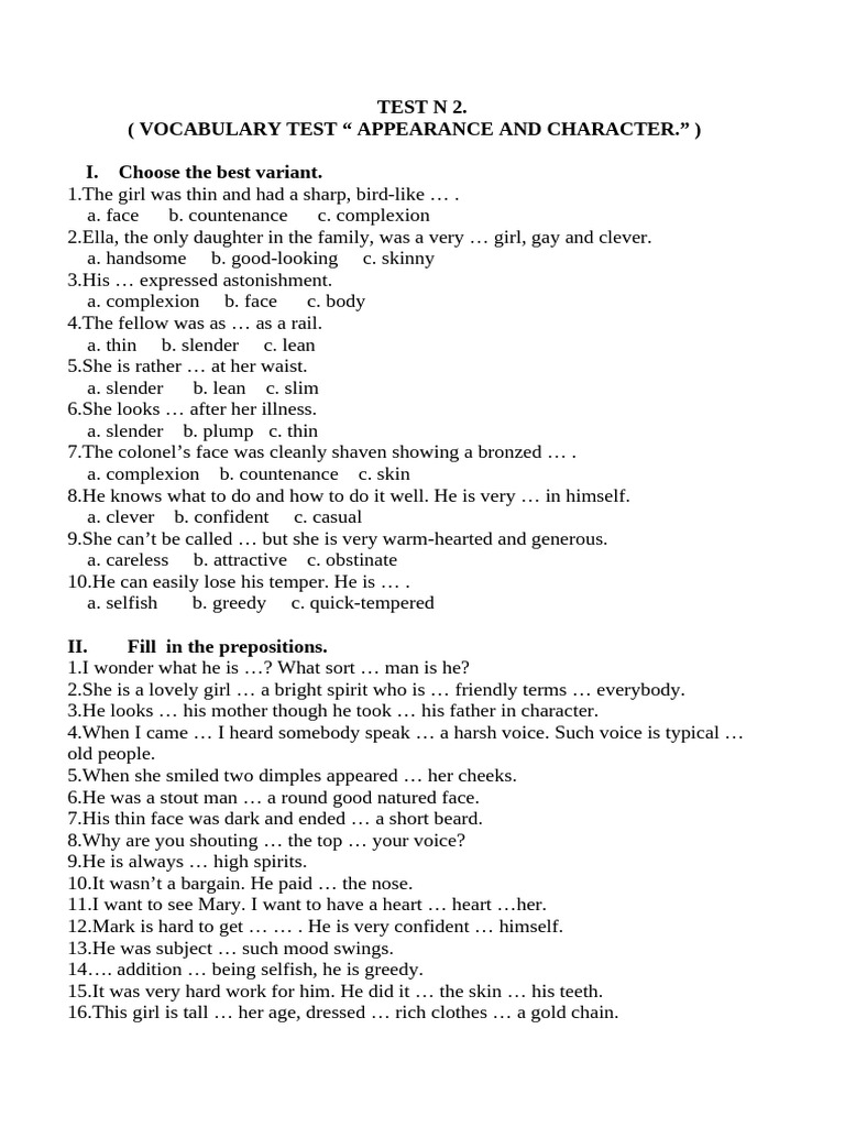 Vocabulary Test: Appearance & Character | PDF