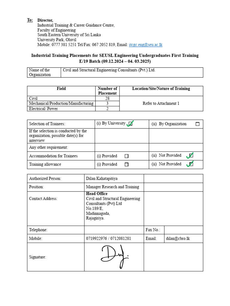 SEUSL Engineering Training Placements | PDF