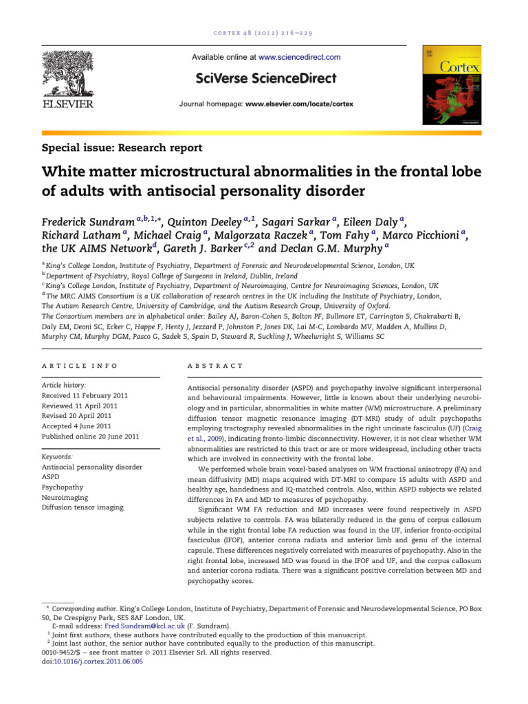 White Matter Microstructural Abnormalities in The Frontal Lobe of A ...