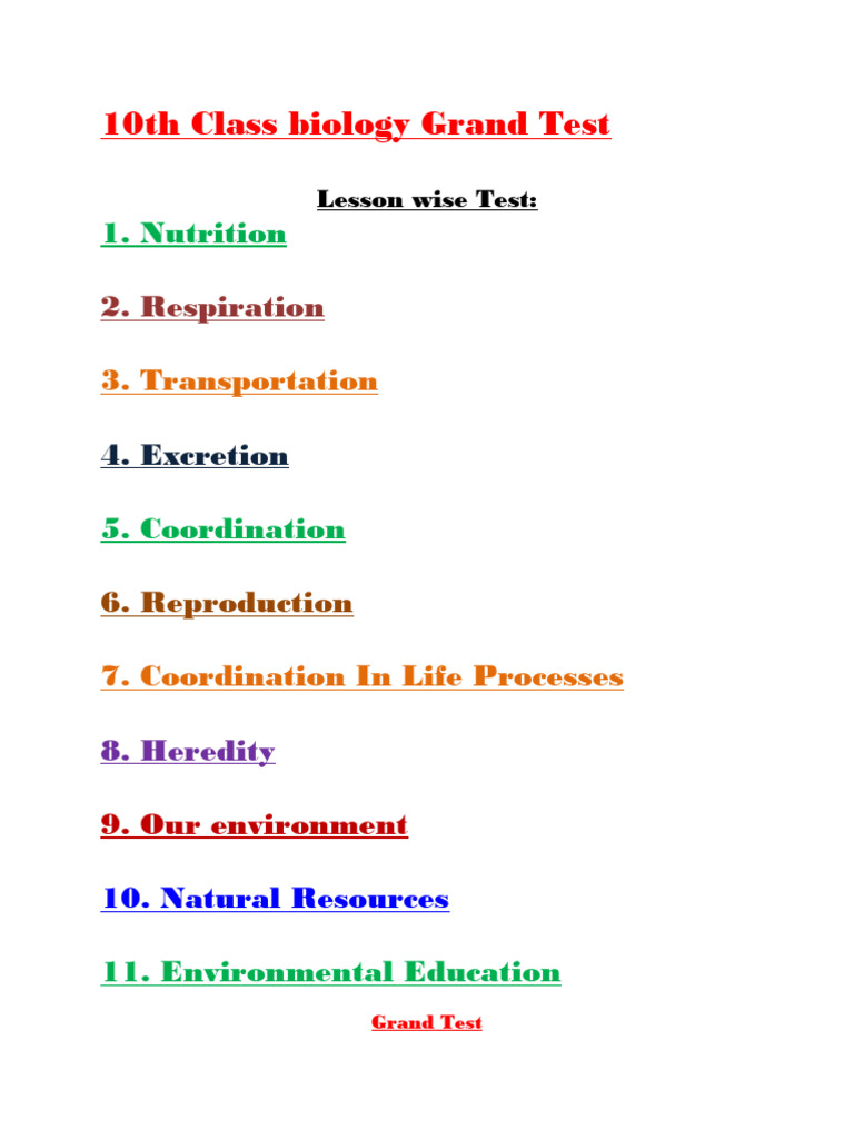 10th Class Biology Chapter Tests | PDF