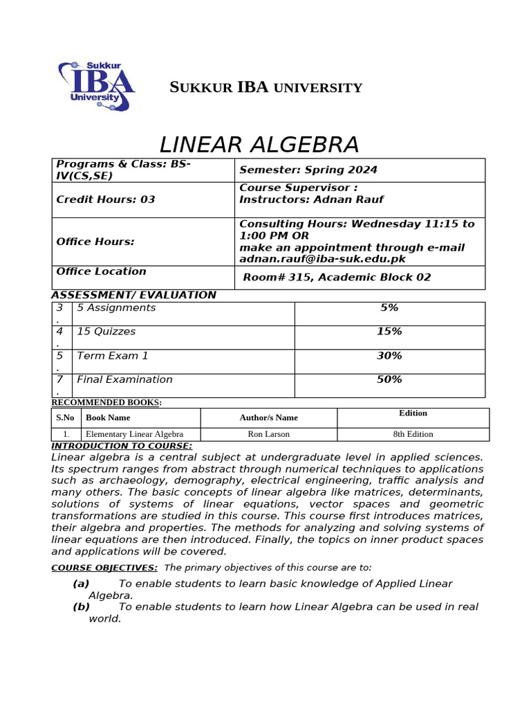 Linear Algebra Course Overview 2024 | PDF | Matrix (Mathematics ...