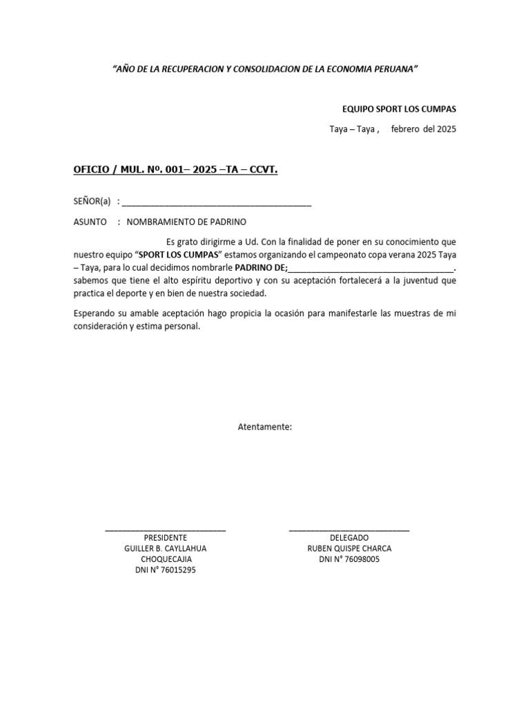 OFICIO Padrino CCVT | PDF