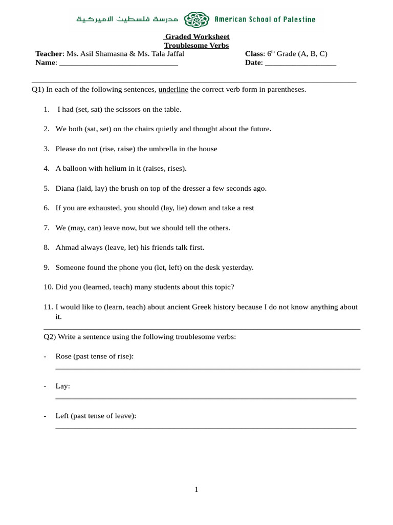 Troublesome Verbs Worksheet for 6th Grade | PDF | Language Families