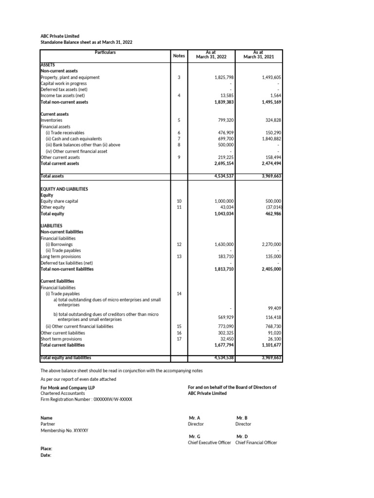 ABC Private Limited Financial Statements 2022 | PDF | Equity (Finance ...