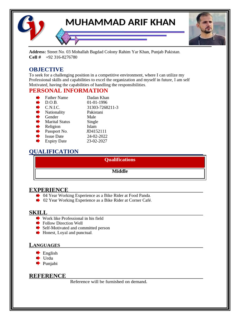 Muhammad Arif Khan: Bike Rider CV | PDF