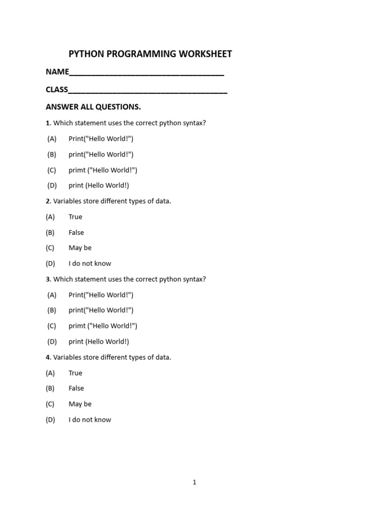 PYTHON PROGRAMMING WORKSHEET | PDF | Data Type | Computer Program