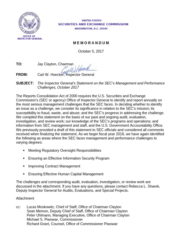 Inspector Generals Statement On The SECs MGT and Performance Challenges ...