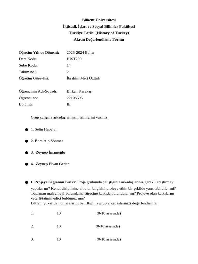 HIST200 Akran Değerlendirme Formu | PDF