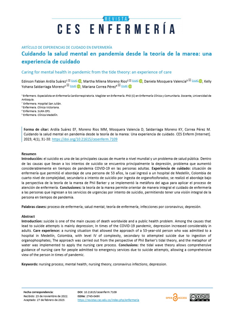 Cuidando La Salud Mental en Pandemia Desde La Teoría de La Marea: Una ...