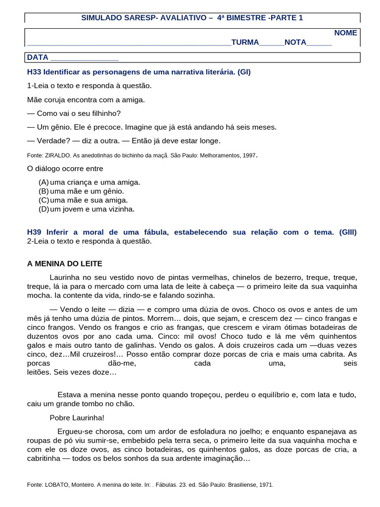 Simulado SARESP 4º Bimestre Português | PDF