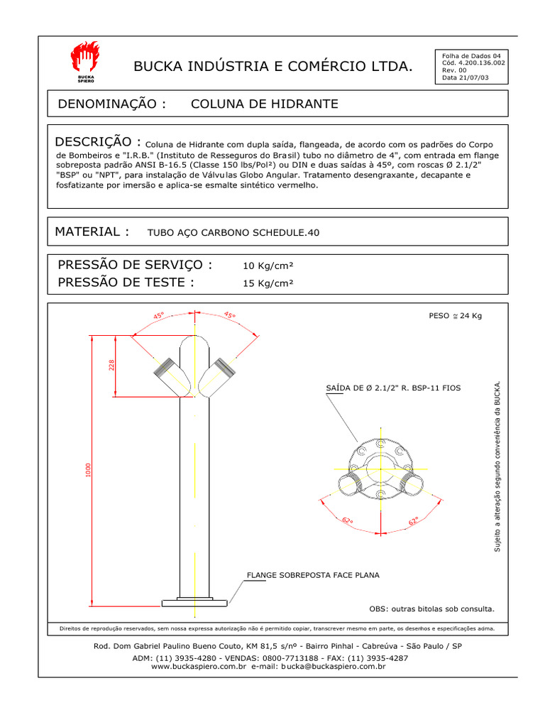 Coluna de Hidrante Bucka: Especificações Técnicas | PDF