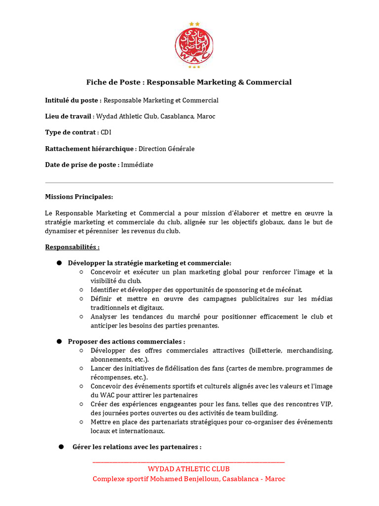 Fiche de Poste : Responsable Marketing & Commercial | PDF ...