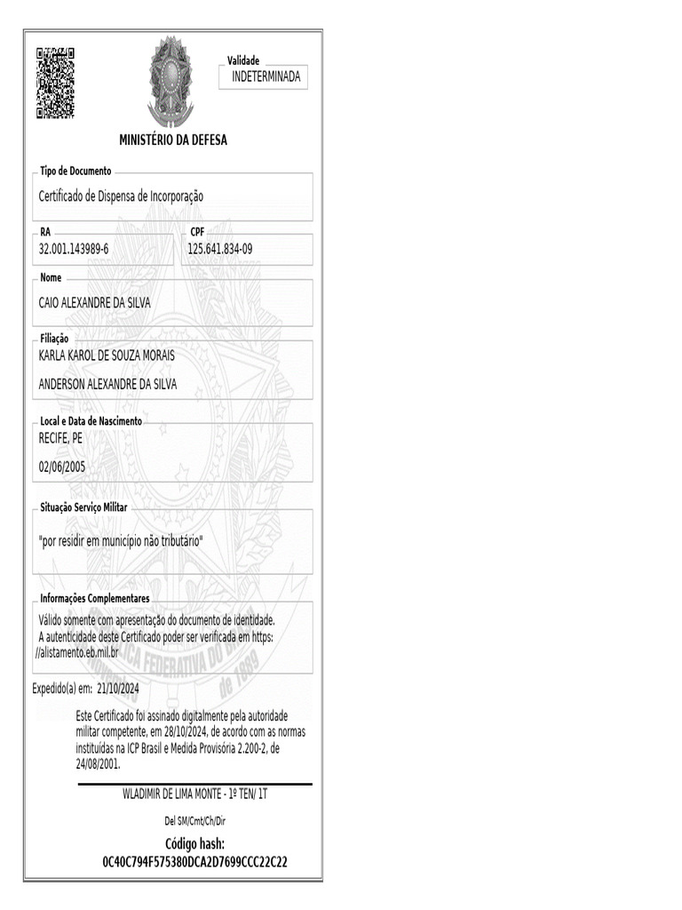 Certificado de Alistamento Militar - Caio Alexandre (Reservista) | PDF
