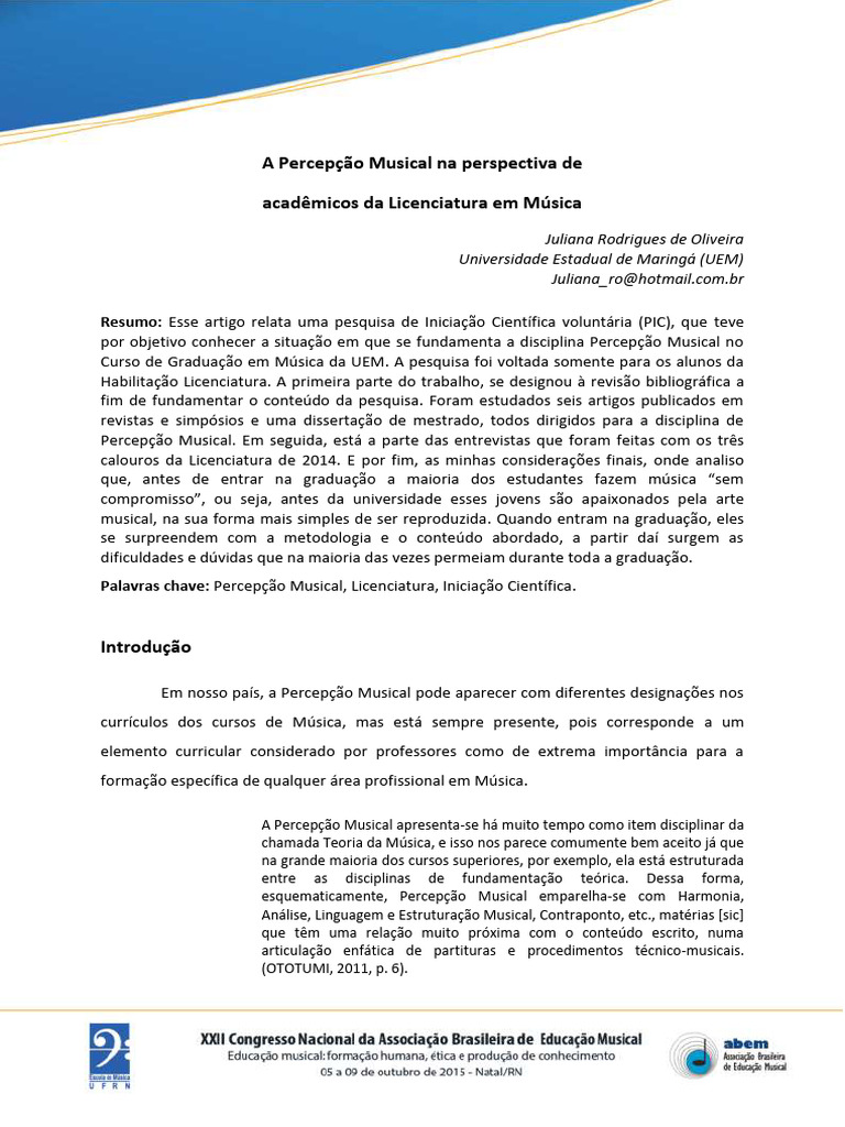 Percepção Musical na Licenciatura em Música | PDF | Pedagogia | Audição