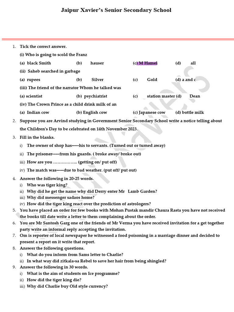Class Xi English Sheet No I Pdf