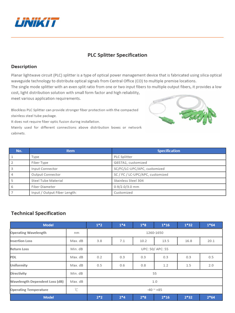PLC Splitter Specification-1 | PDF | Optical Fiber | Waves