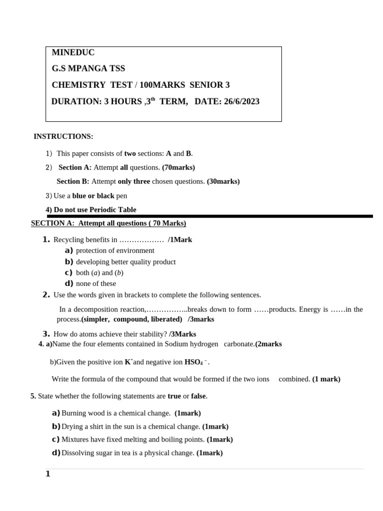 S3 Chemistry Test Iii 2023 1 1 Pdf Chemical Elements Chemical