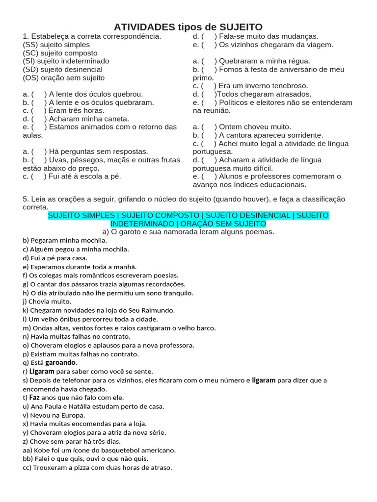 Tipos de Sujeito na Língua Portuguesa | PDF | Assunto (gramática)