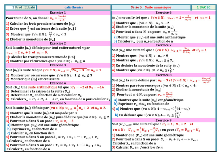 Exercices de suites numériques en BAC SC | PDF | Séquence | Mathématiques