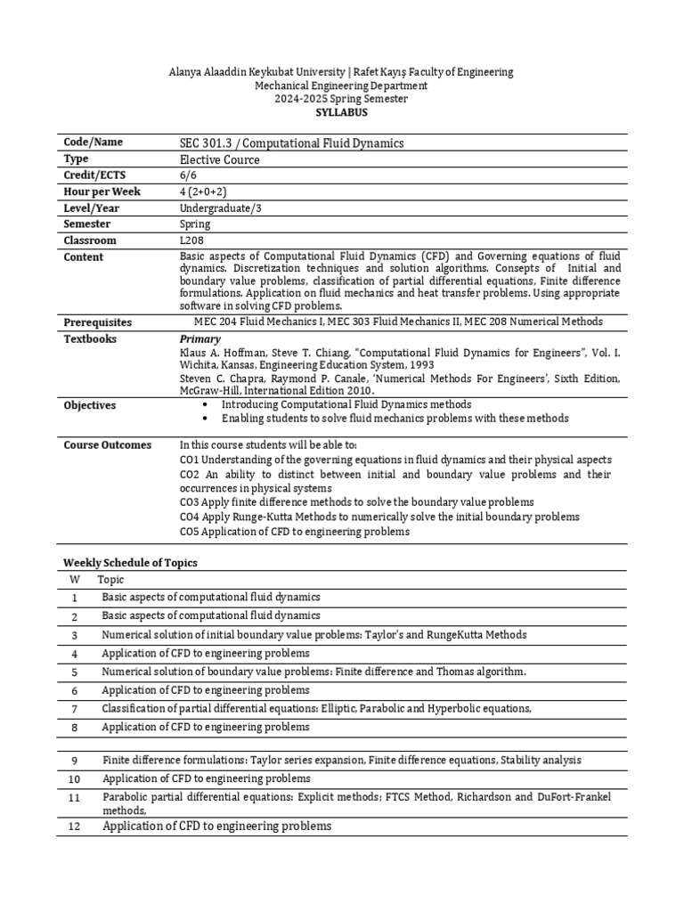Syllabus - Mec Sec 301 3 Computational Fluid Dynamics | PDF ...