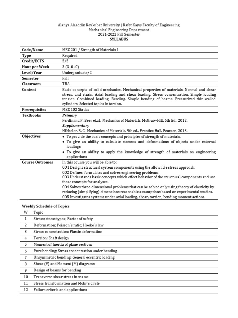 Strength of Materials I Syllabus | PDF | Bending | Stress (Mechanics)