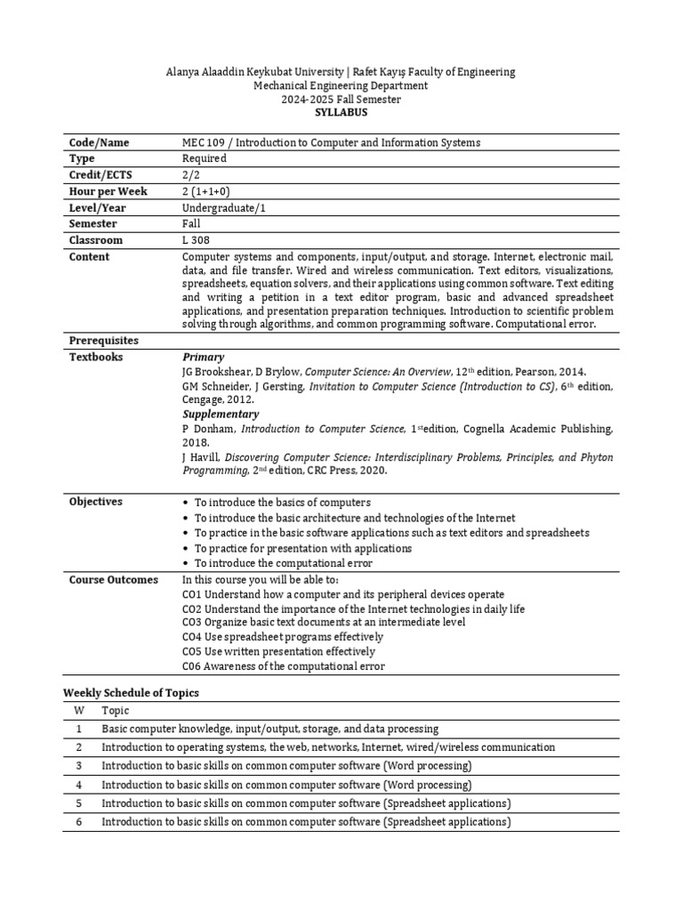 MEC 109: Intro to Computer Systems Syllabus | PDF | Spreadsheet ...