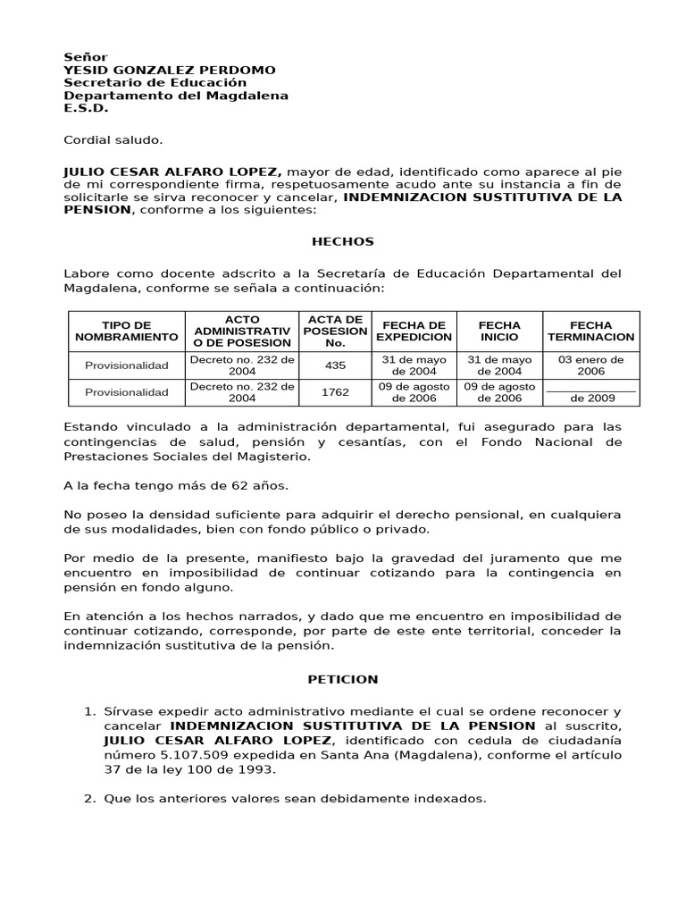 Solicitud de Indemnización Pensional | PDF | Pensión