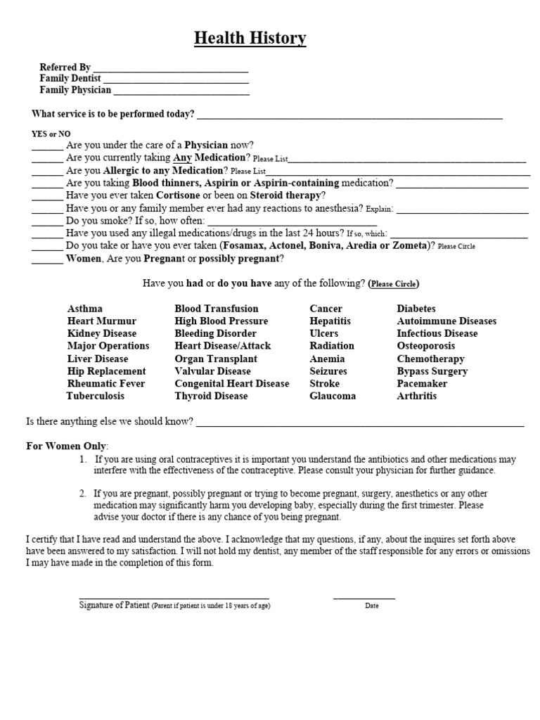 Health History Questionnaire Form | PDF | Pregnancy | Anemia