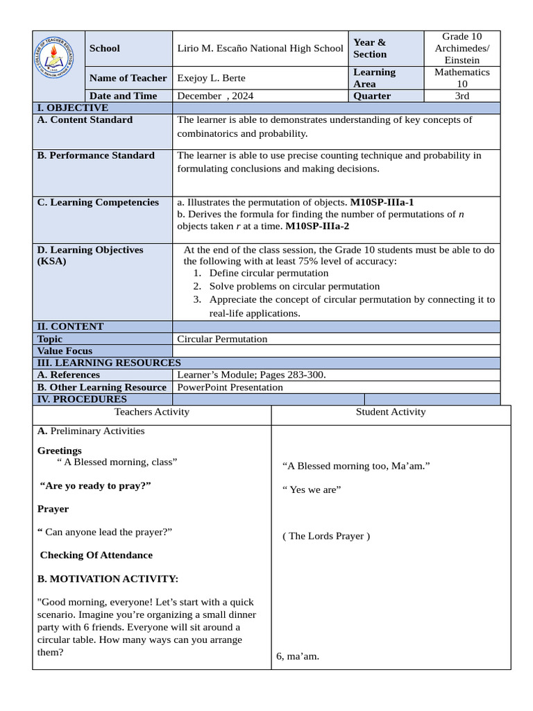 Grade 10 Circular Permutation Lesson Plan | PDF | Permutation | Learning