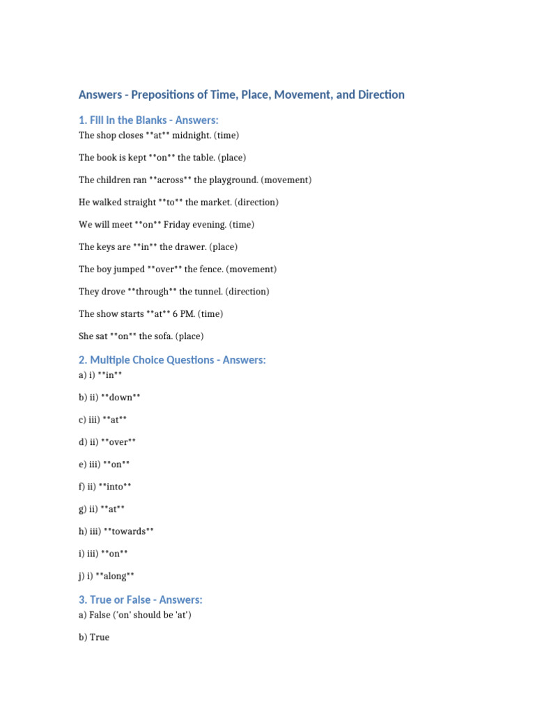Prepositions of Time, Place, and Movement | PDF