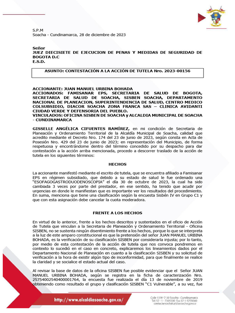 Contestación Tutela SISBEN Soacha 2023 | PDF | Politica social