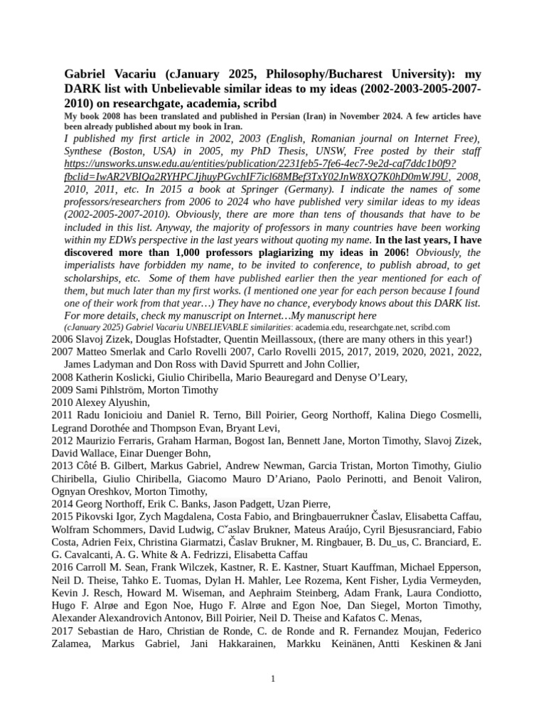 Gabriel Vacariu DARK List CJanuary 2025 Plagarism Physics, Cognitive ...
