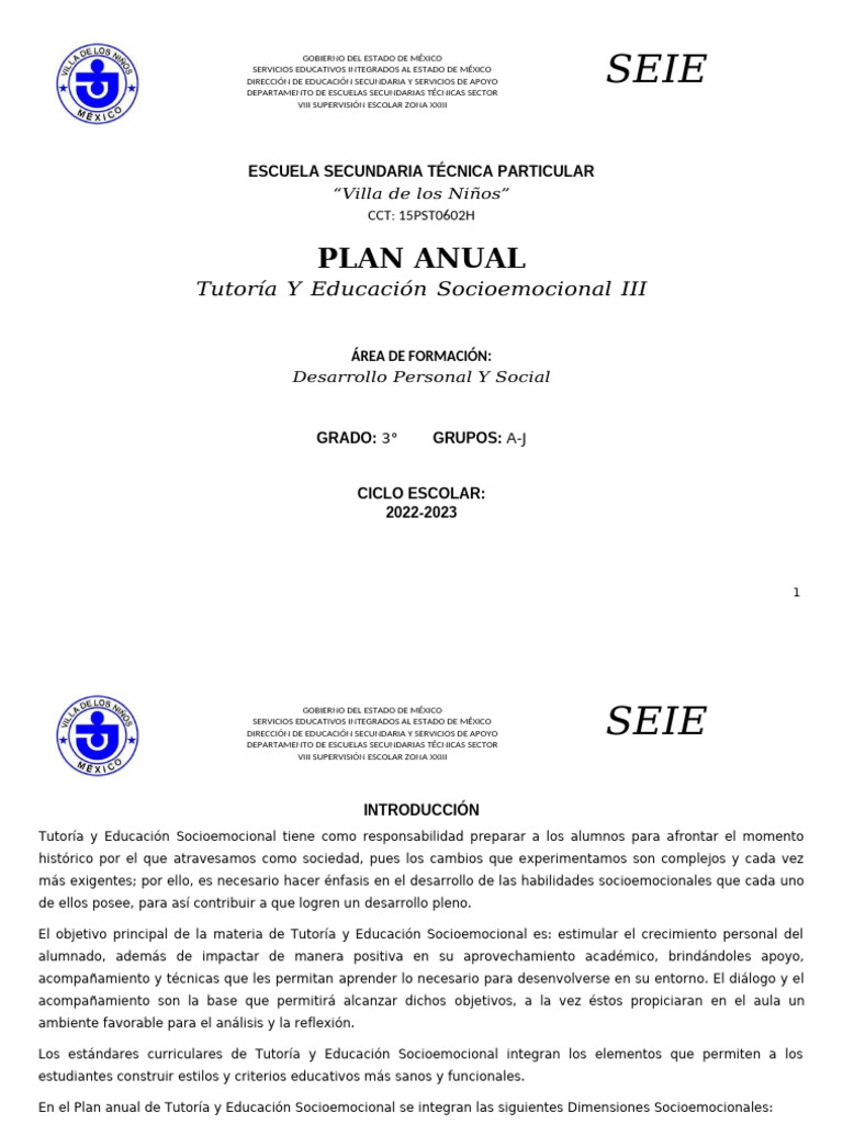Plan Anual de Tutoría Socioemocional 2022-2023 | PDF | Las emociones ...