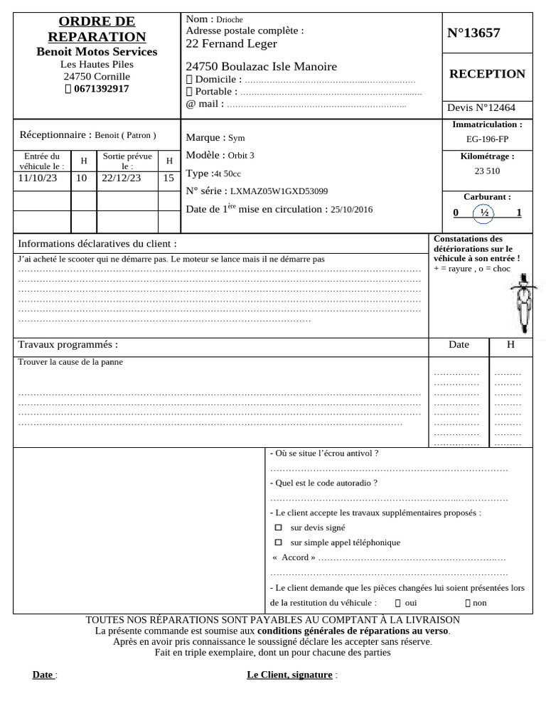 Ordre de Réparation de Véhicule | PDF