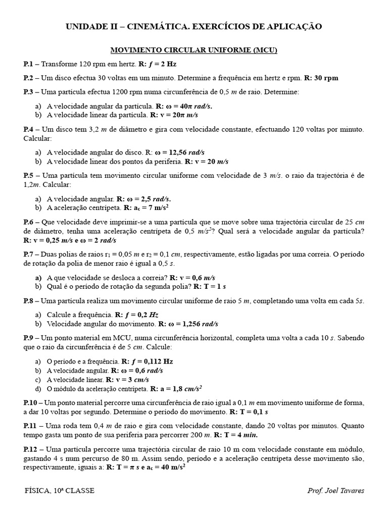 Exercícios de Movimento Circular Uniforme | PDF | Mecânica Clássica ...