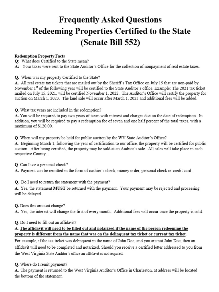 West Virginia Property Redemption FAQs | PDF | Credit Card | Fee