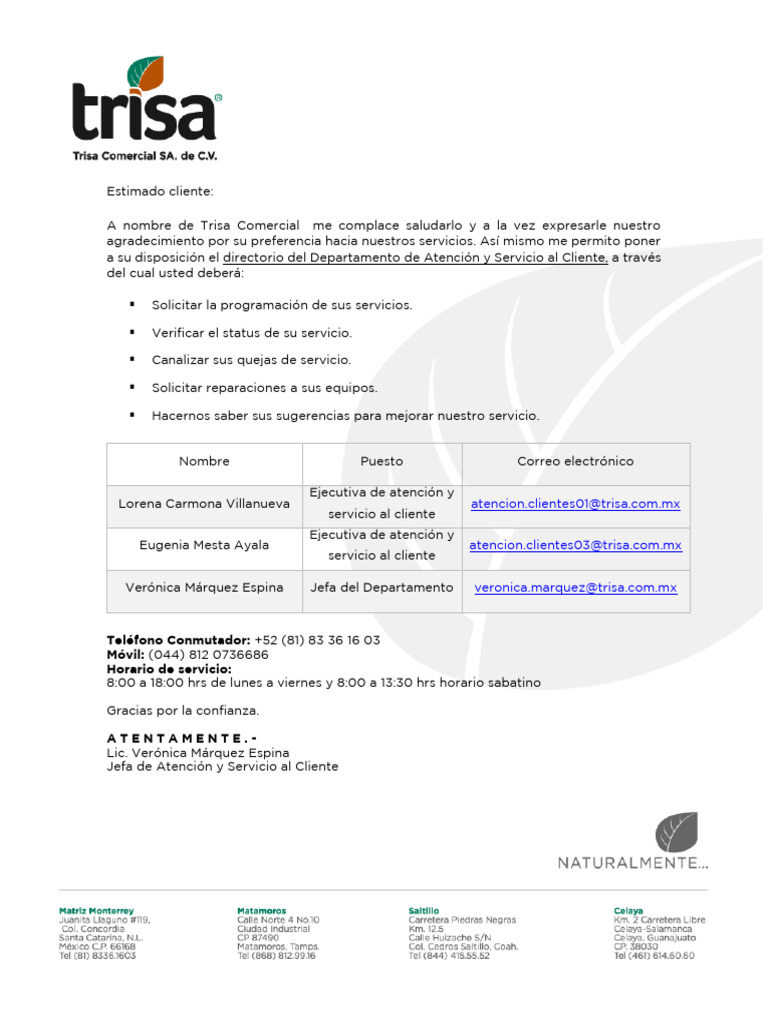 Directorio de Atención al Cliente Trisa | PDF