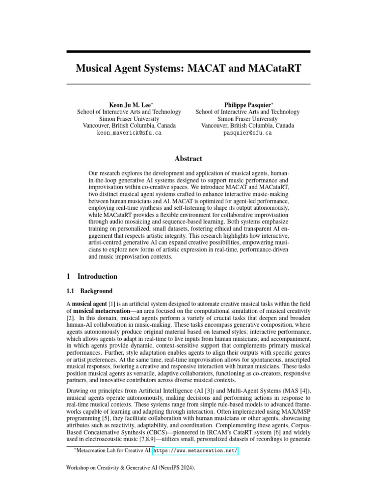 Musical Agent Systems: Macat and Macatart: Keon Ju M. Lee Philippe ...