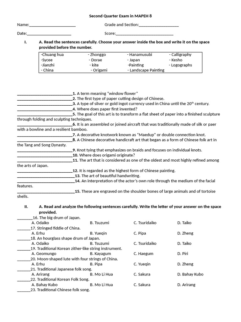 MAPEH 8 Second Quarter Exam Guide | PDF | Chordophones | Musical ...