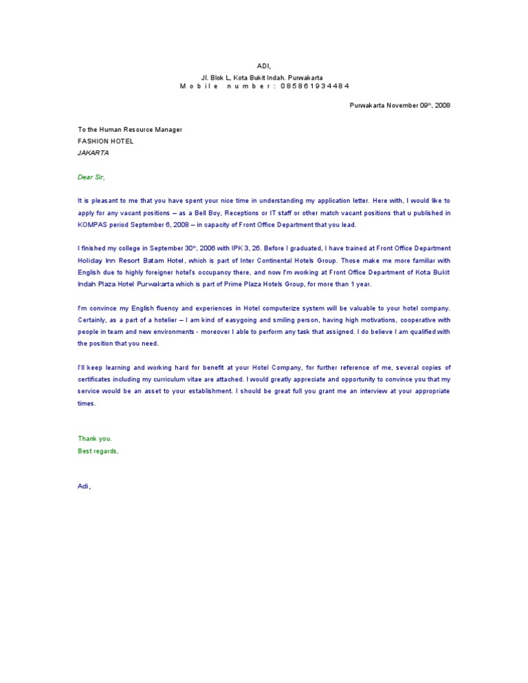 Contoh Surat Lamaran Kerja Hotel