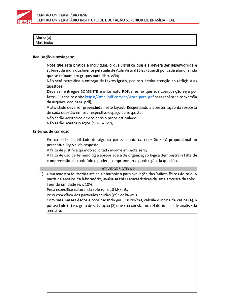 Atividade de Análise de Solo EAD IESB | PDF | Solo