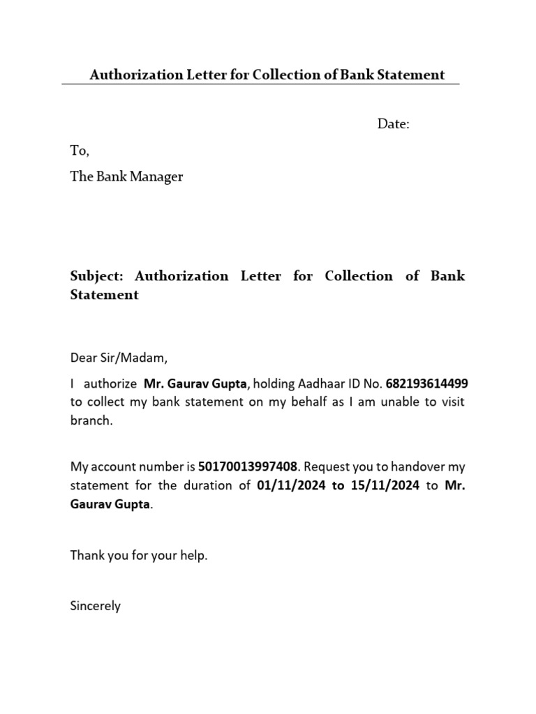Bank Statement Collection Authorization Letter | PDF