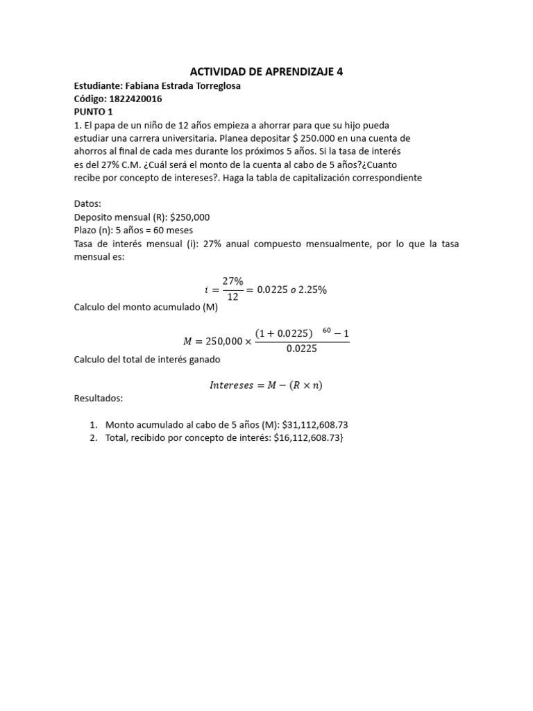 ACTIVIDAD DE APRENDIZAJE 3 (Matemáticas Financieras) | PDF | Interés ...