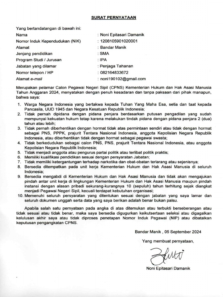 Surat Pernyataan Noni 2 | PDF