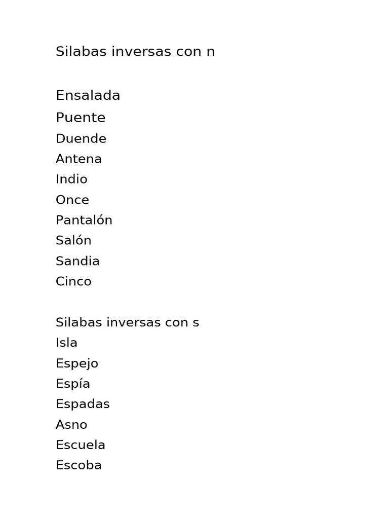 Silabas Inversas: Ejemplos y Actividades | PDF