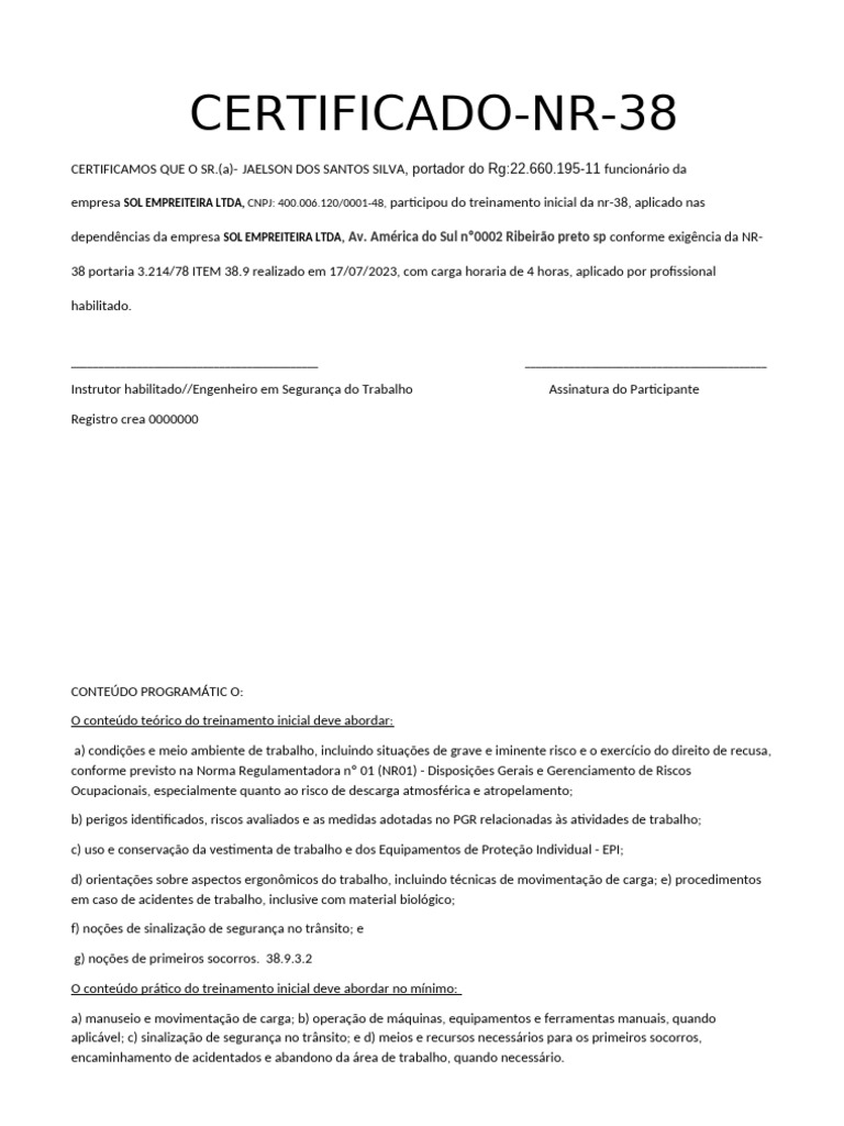Certificado de Treinamento NR-38 | PDF