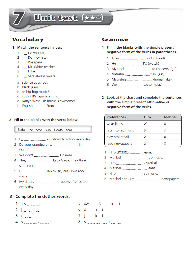 Test Unit 7 Elementary 1 2024 Pdf