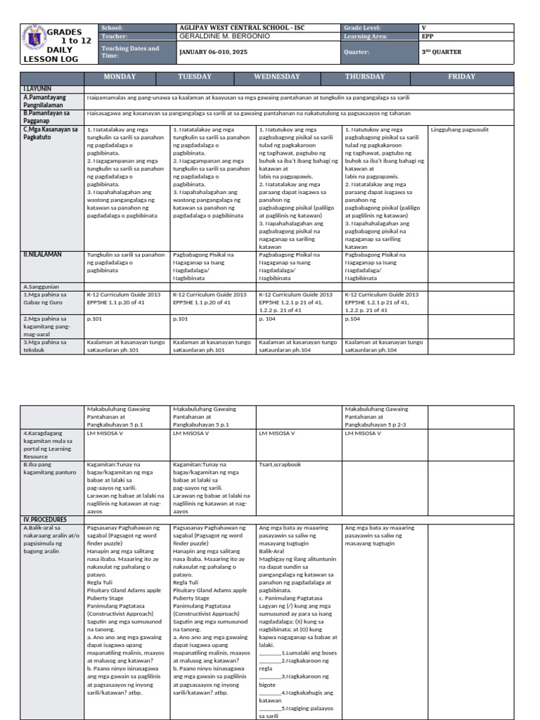 DLL - Epp 5 - Q2 - W1 | PDF
